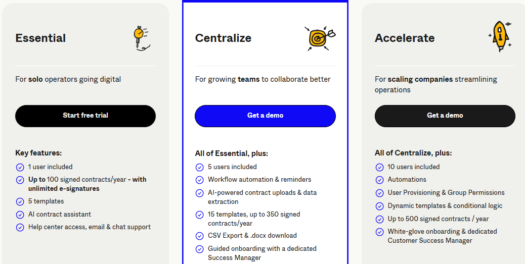 An image showing Contractbook pricing plans for solo operators, growing teams, and scaling companies