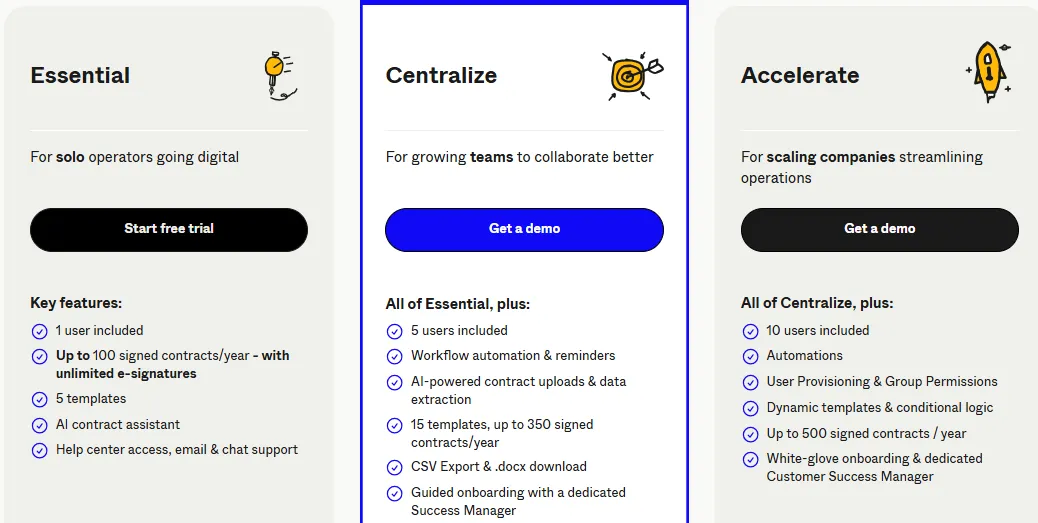  An image showing Contractbook pricing plans for solo operators, growing teams, and scaling companies 