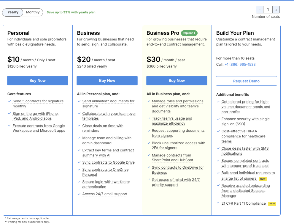 Comparison of Signeasy pricing plans: Personal, Business, Business Pro, and customizable enterprise plan