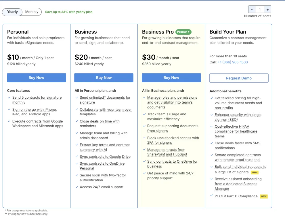 Comparison of Signeasy pricing plans: Personal, Business, Business Pro, and customizable enterprise plan