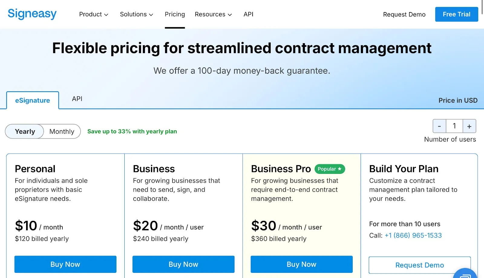 Signeasy’s pricing page