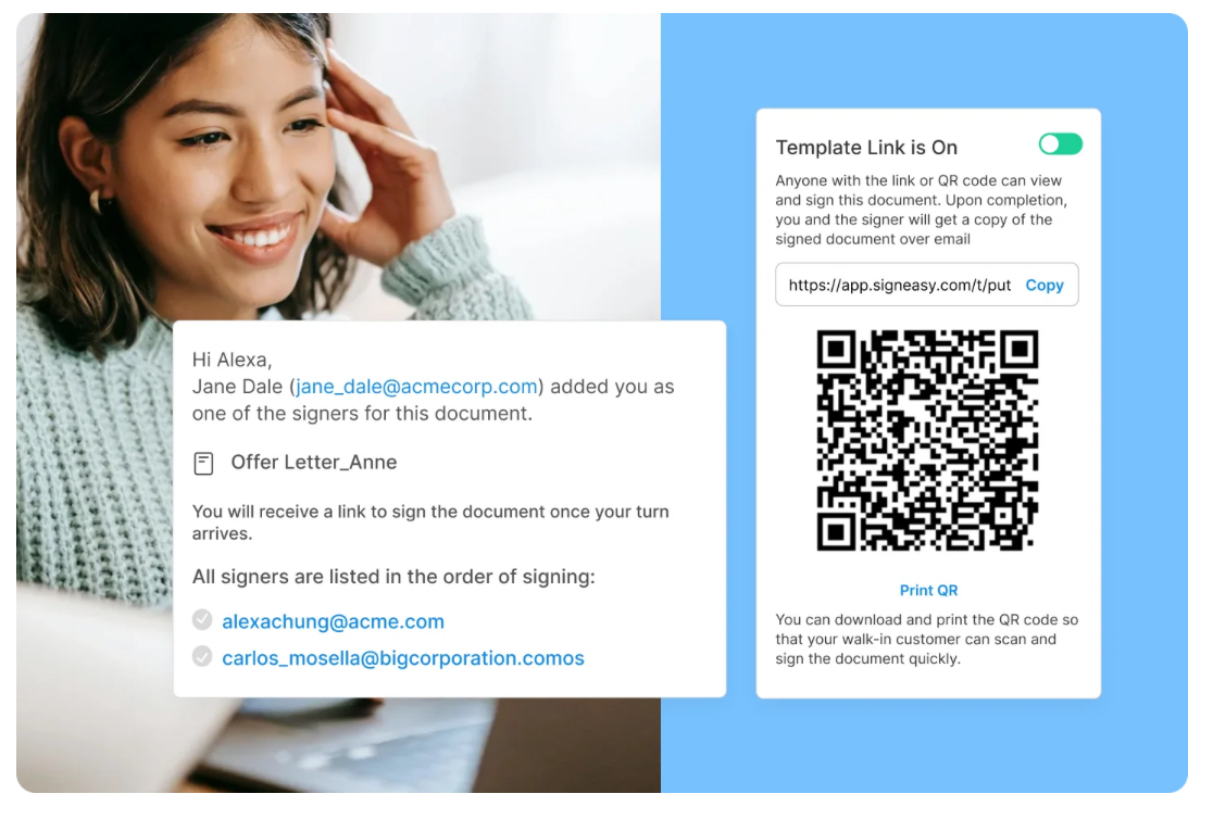 Signeasy template link and QR code feature for quick document signing