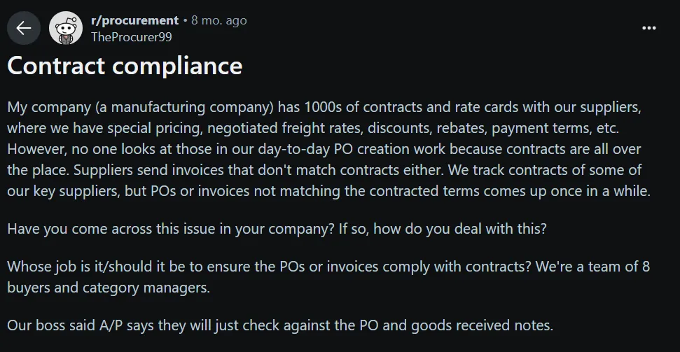 A Reddit post from a manufacturing company complaining about supplier contracts