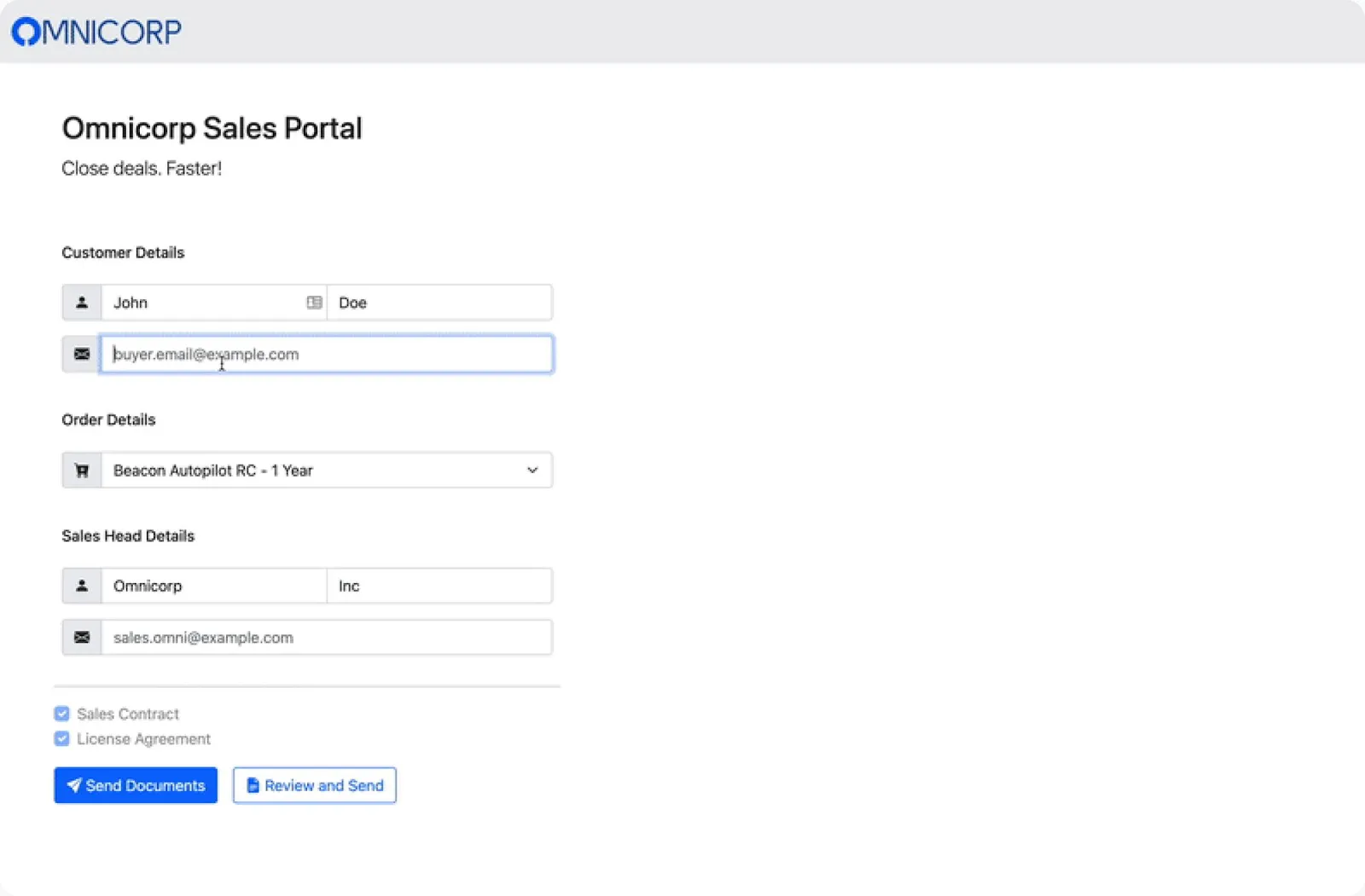 Integration example: Omnicorp Sales Portal for quick document sending