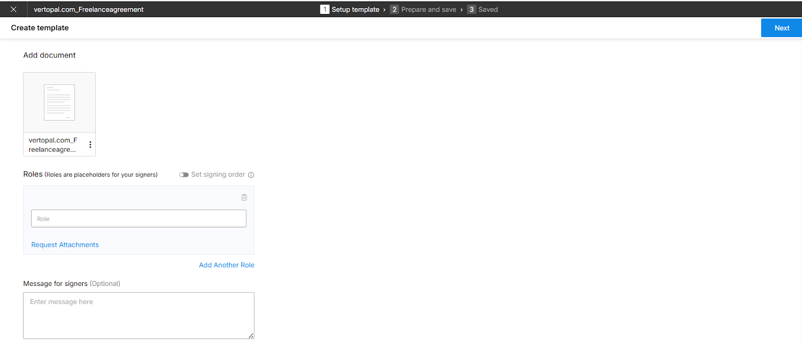 Defining signer roles in the template creation workflow after the JSON import