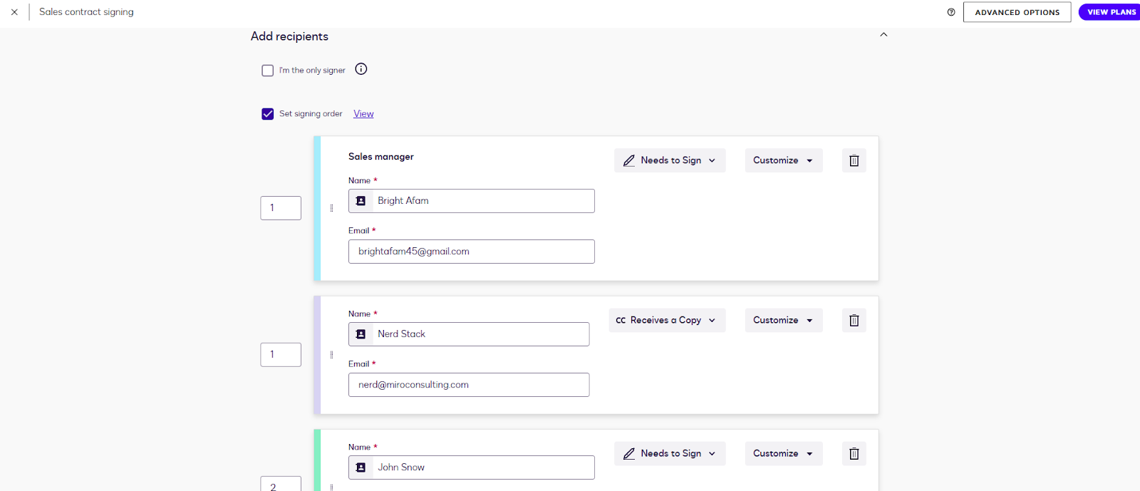 Interface showing complex recipient workflow that may need manual adjustment