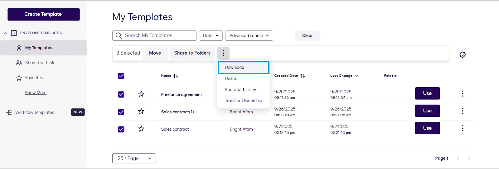 Template library showing three selected templates and the 'Download' button