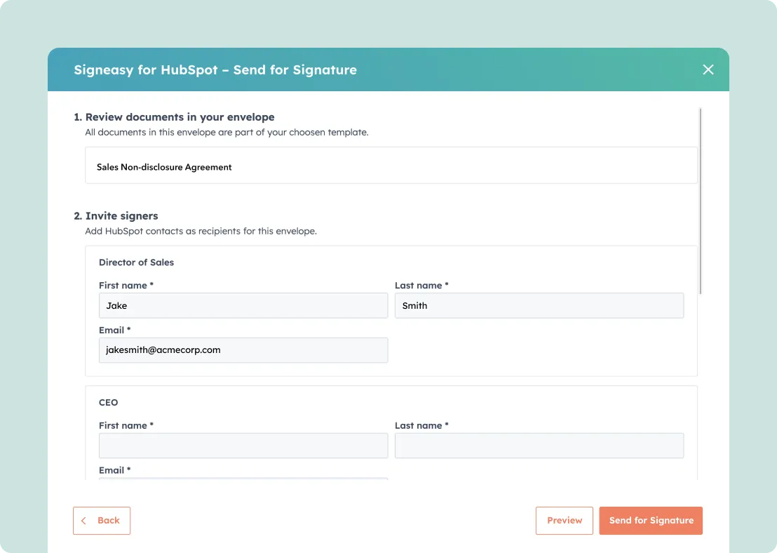 Signeasy for HubSpot: Inviting signers using integrated contact data