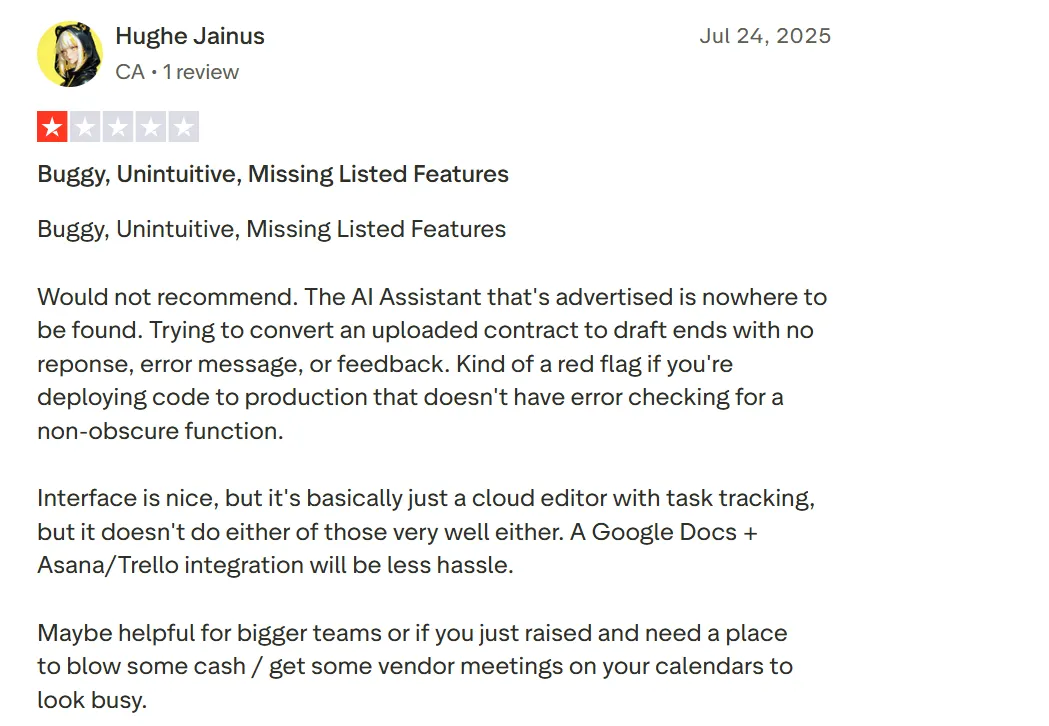 Contractbook review citing bugs and unreliable AI features
