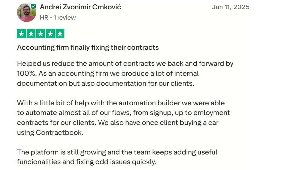 Contractbook review praising automation and efficiency
