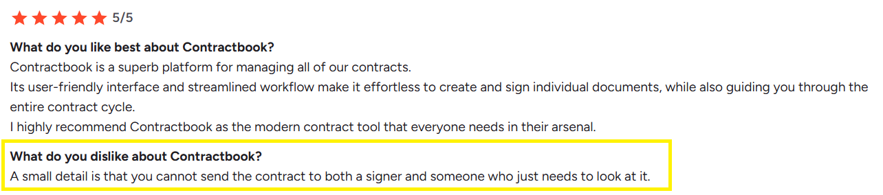 A review highlights Contractbook's limited sharing capabilities