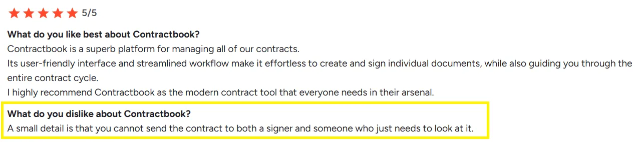A review highlights Contractbook's limited sharing capabilities