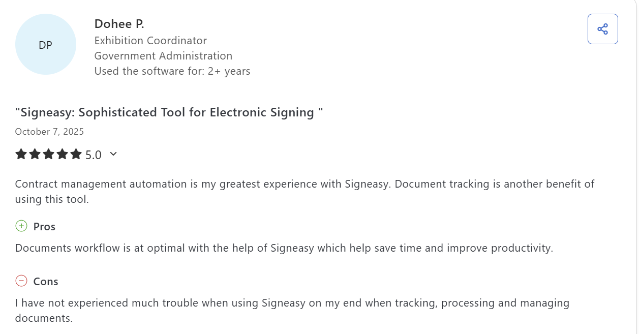 A Capterra user highlights Signeasy’s document workflow capabilities