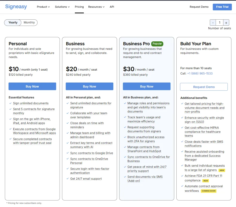 An image of Signeasy pricing plans for developers to enterprises