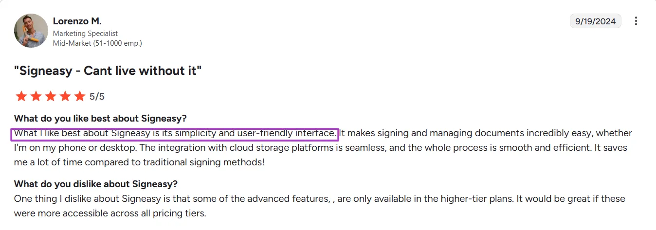 User review of Signeasy being simple and having a friendly UI