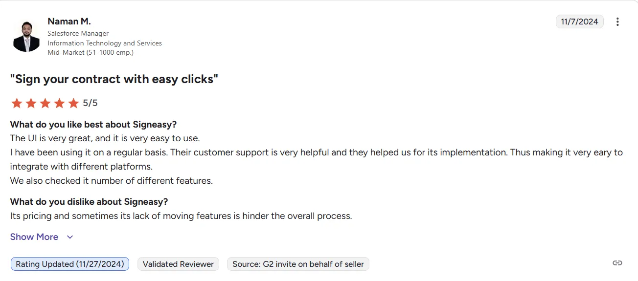 G2 Review of Signeasy Being a Reliable eSign Tool by Naman.