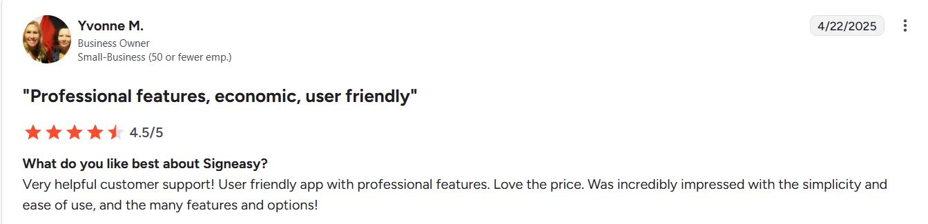Yvonne M.’s Review on G2 About Signeasy Offering Many Features and Options