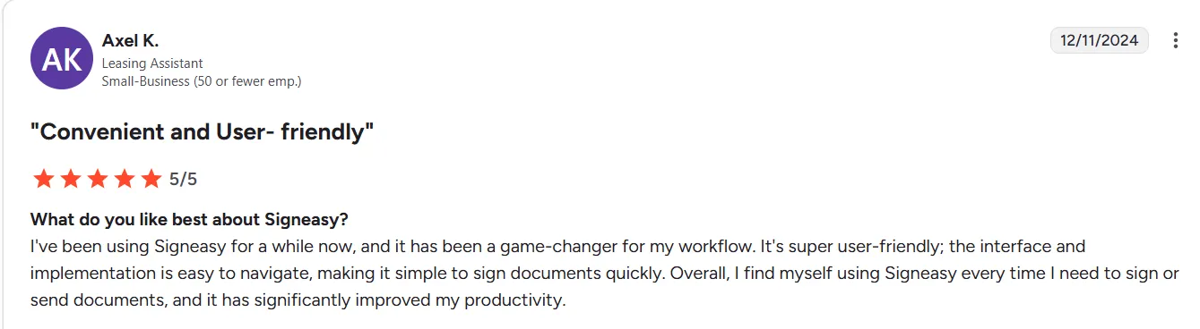 Axel K.’s Review on G2 About Signeasy Making Contract Signing Simple