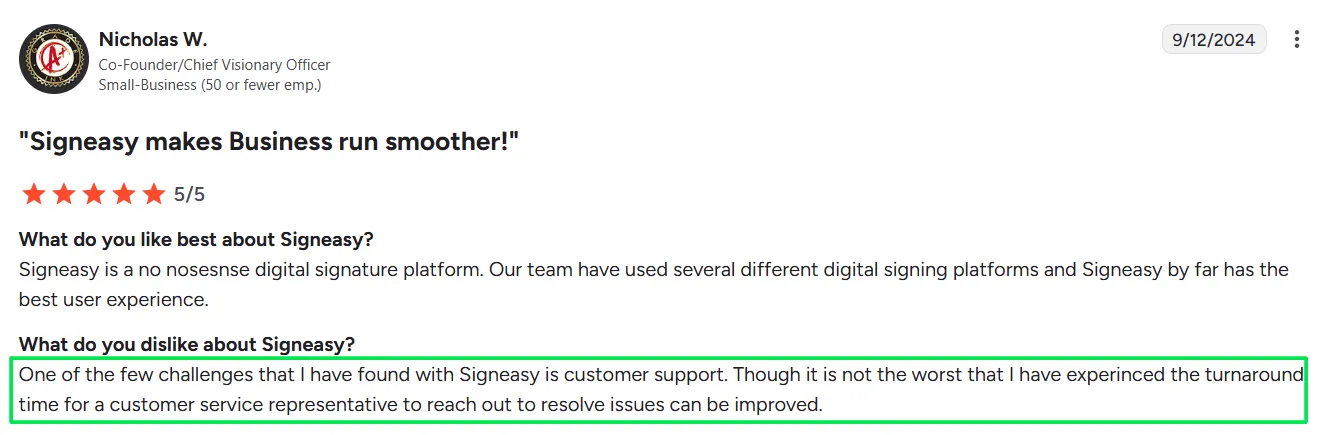 Nicholas W.’s Review of Signeasy on G2 About Poor Customer Support