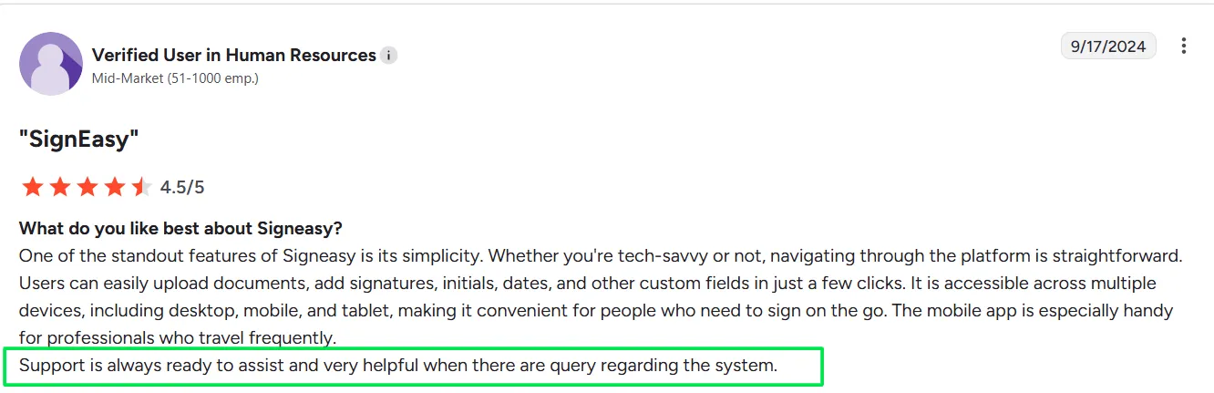 Review on G2 About Signeasy Customer Support