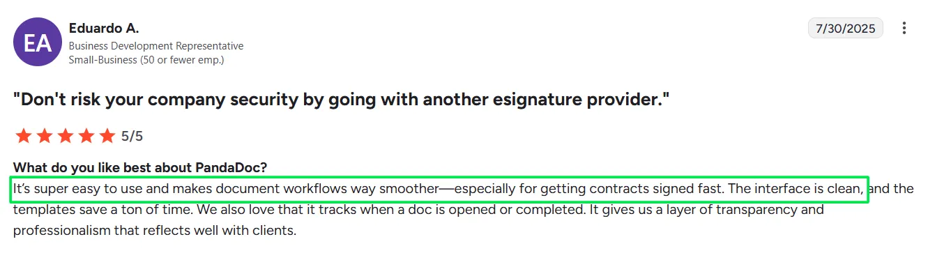 User’s 5-star Review of PandaDoc on G2