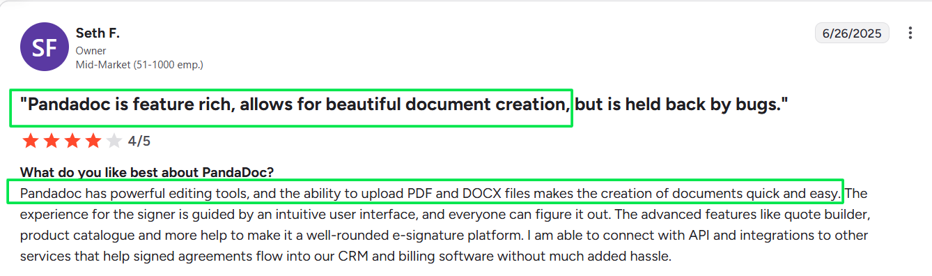 User’s 4-star Review of PandaDoc on G2