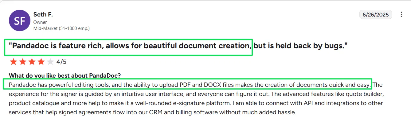 User’s 4-star Review of PandaDoc on G2