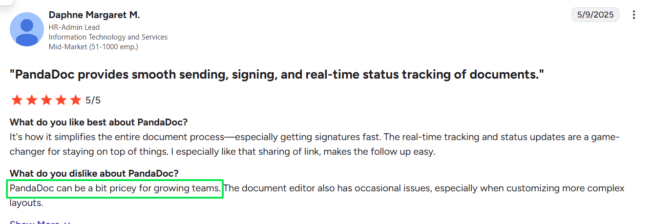 Daphne Margaret M.’s 5-star PandaDoc Review on G2