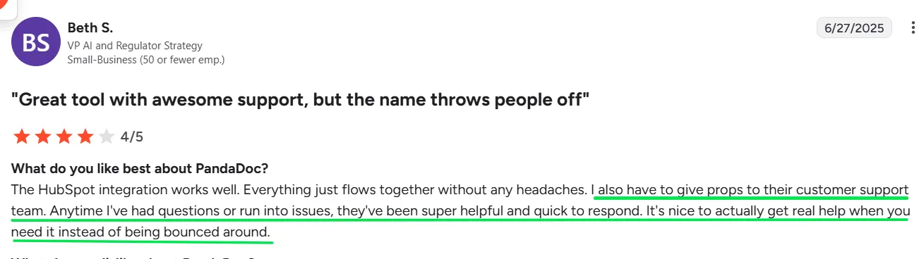 5-star Review of PandaDoc by a VP of AI and Regulatory Strategy on G2