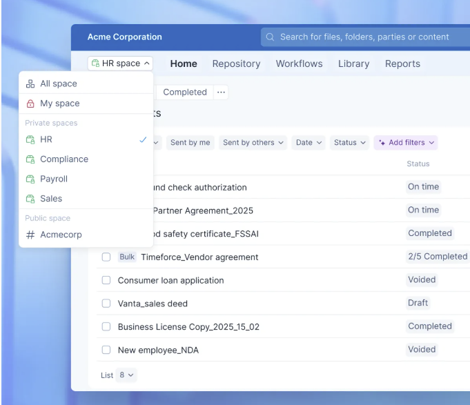 Signeasy dashboard showing private and public contract spaces like HR, Compliance, and Sales.