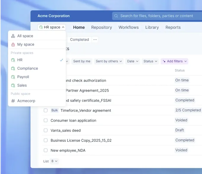 Signeasy dashboard showing private and public contract spaces like HR, Compliance, and Sales.