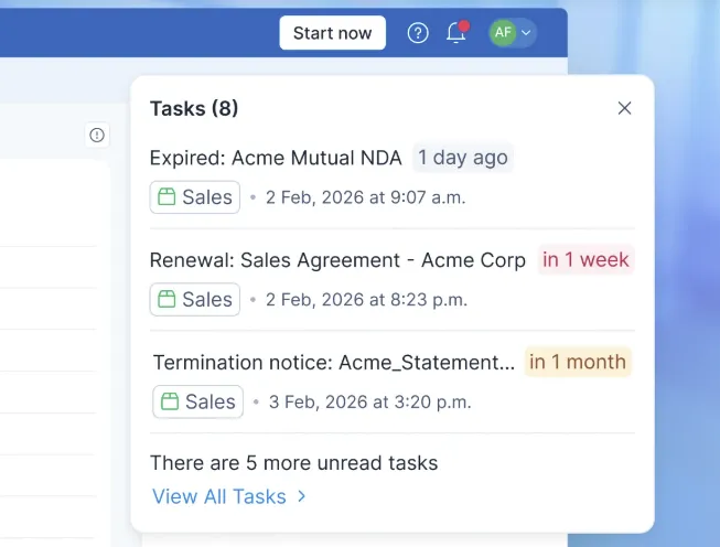 Signeasy task panel showing contract reminders with statuses like expired, due soon, and under obligation.