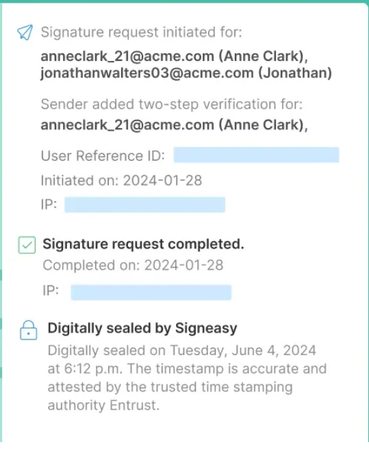 Screenshot showing Signeasy signature request and digital seal confirmation