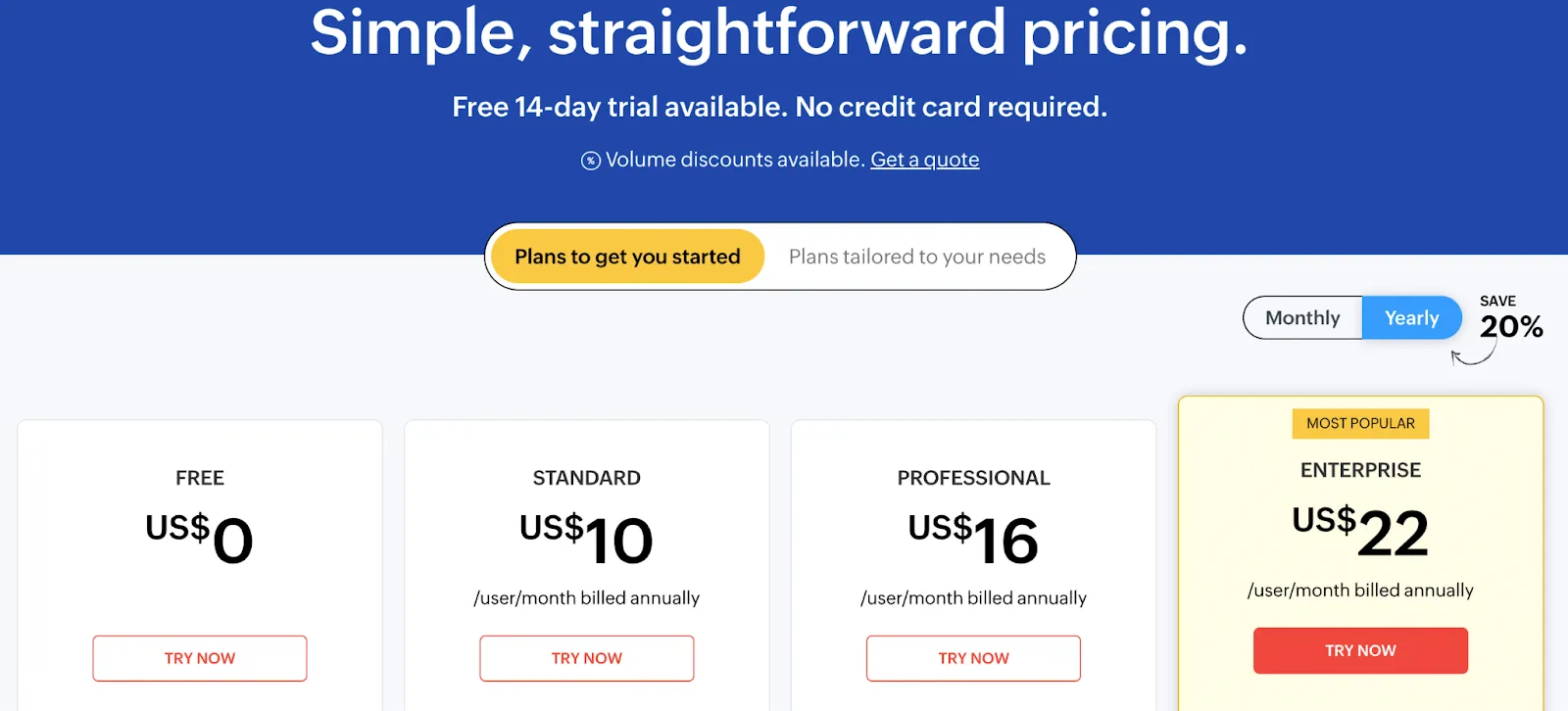 A screenshot of Zoho Sign’s pricing plans 