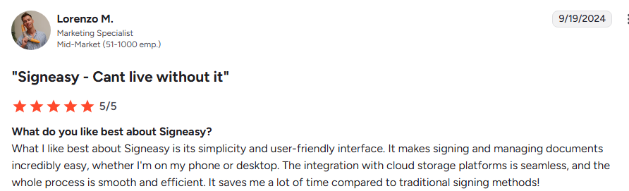 Screenshot of a Signeasy user review