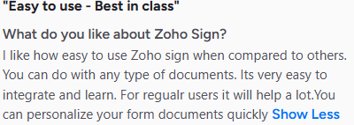  A screenshot of a G2 user review of Zoho Sign