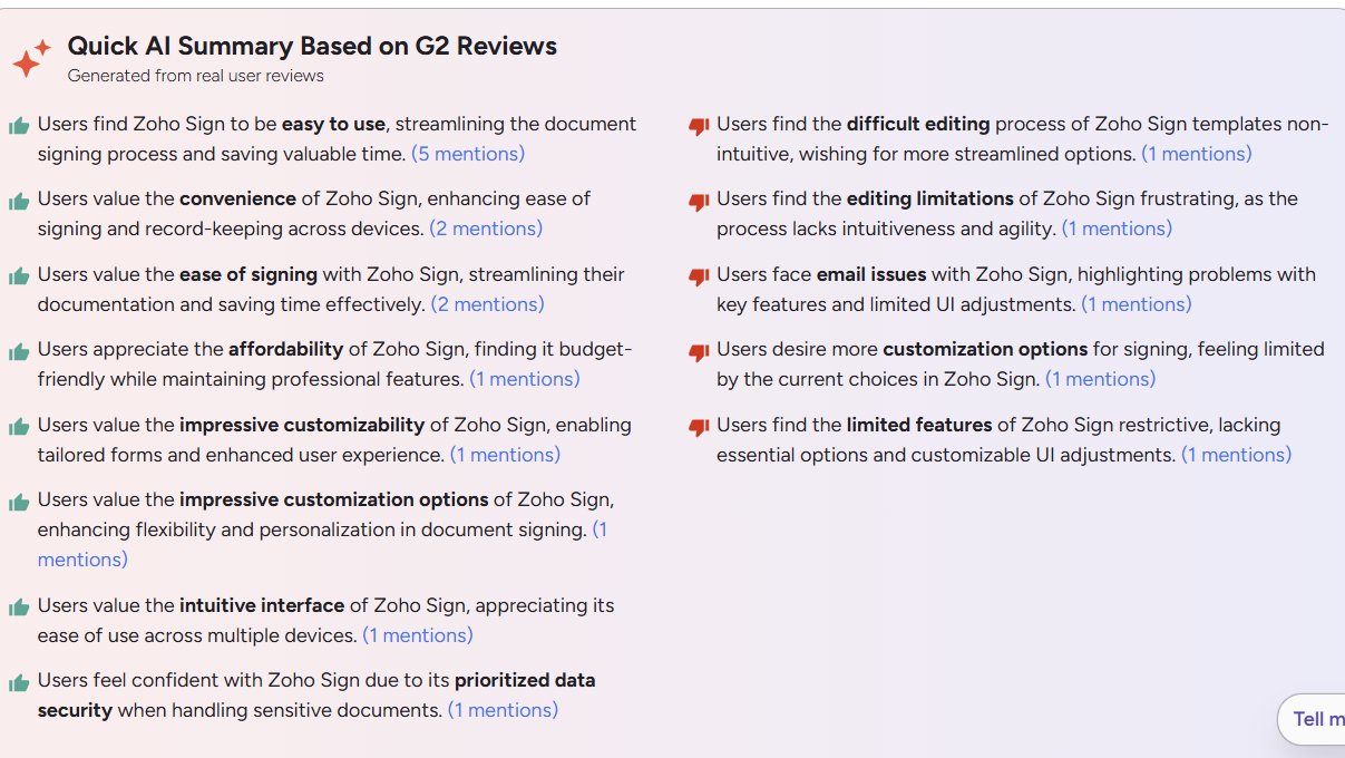 A screenshot of G2 reviews’ AI summary of Zoho Sign 