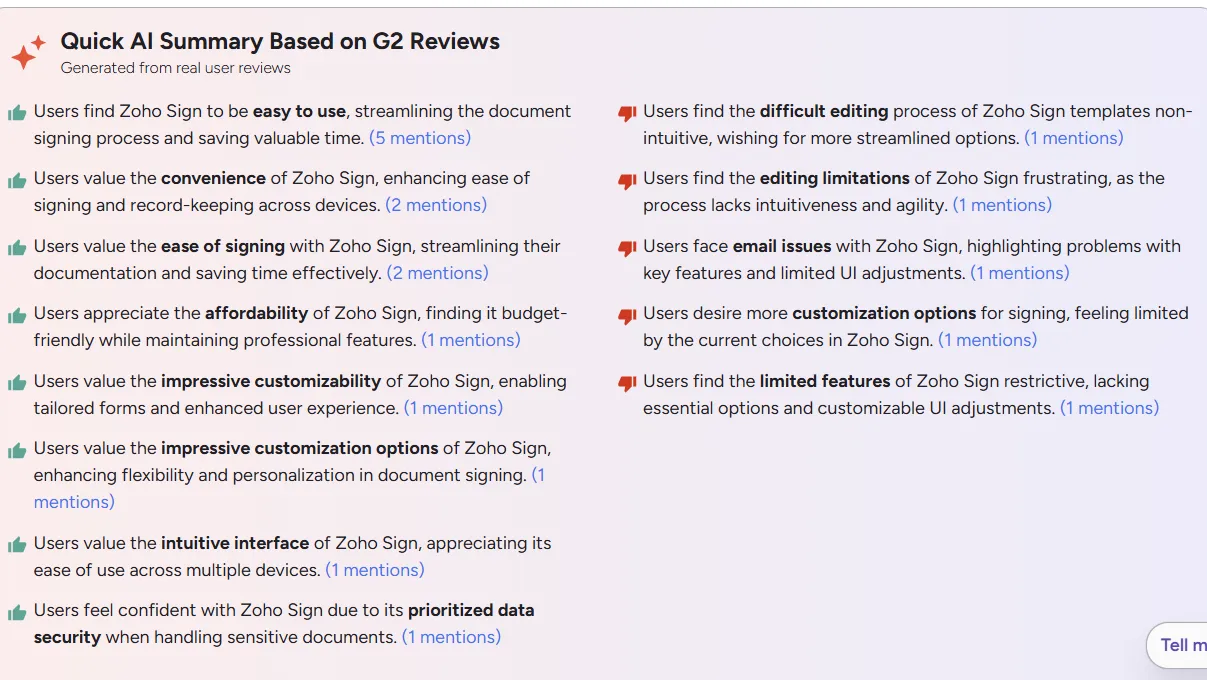 A screenshot of G2 reviews’ AI summary of Zoho Sign 