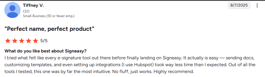 A screenshot of a G2 user review emphasizing Signeasy’s ease of use