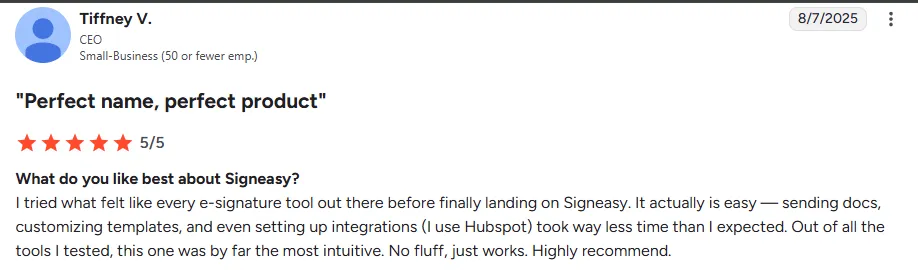 A screenshot of a G2 user review emphasizing Signeasy’s ease of use