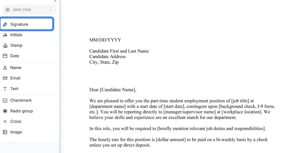 Select signature from the left-side menu