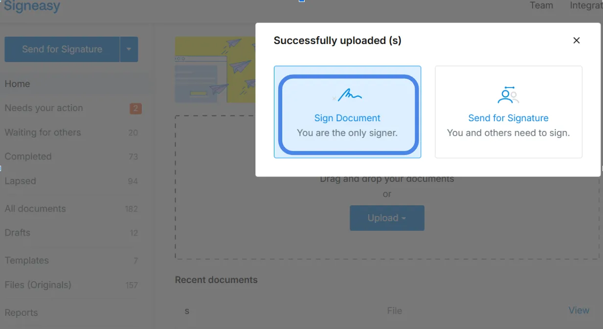 Click “Sign Document” to sign a PDF.