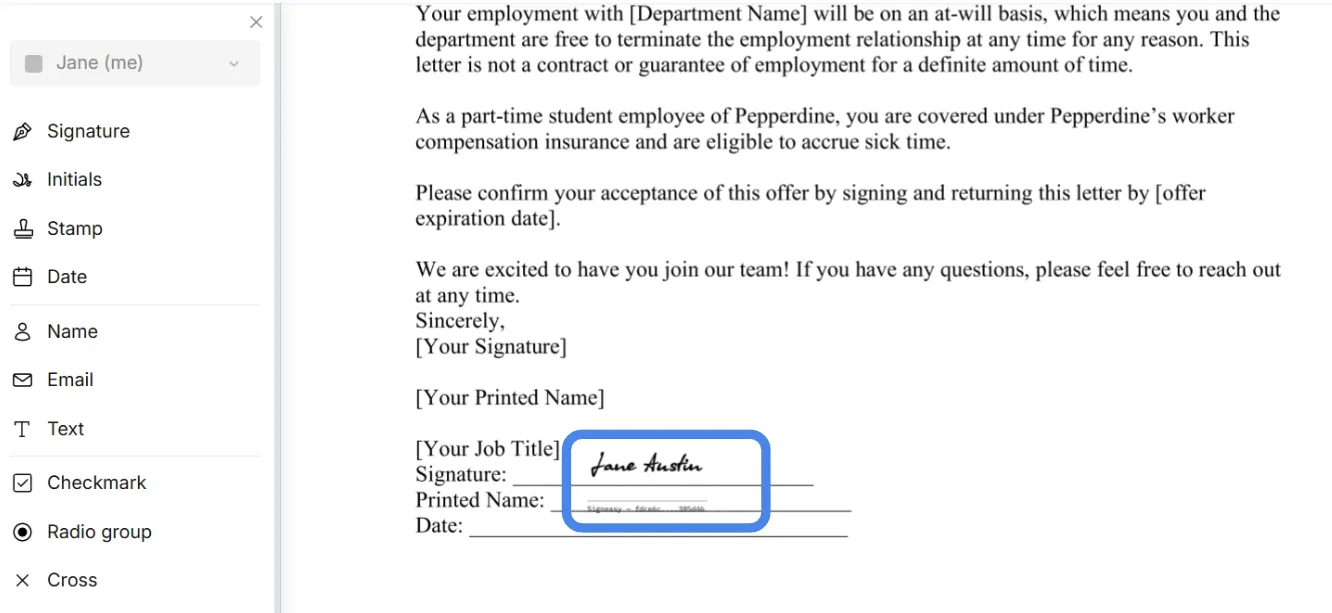 eSignature added to the doc