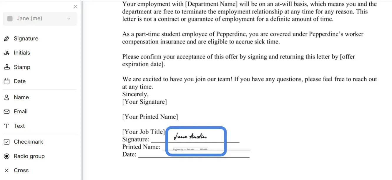 eSignature added to the doc