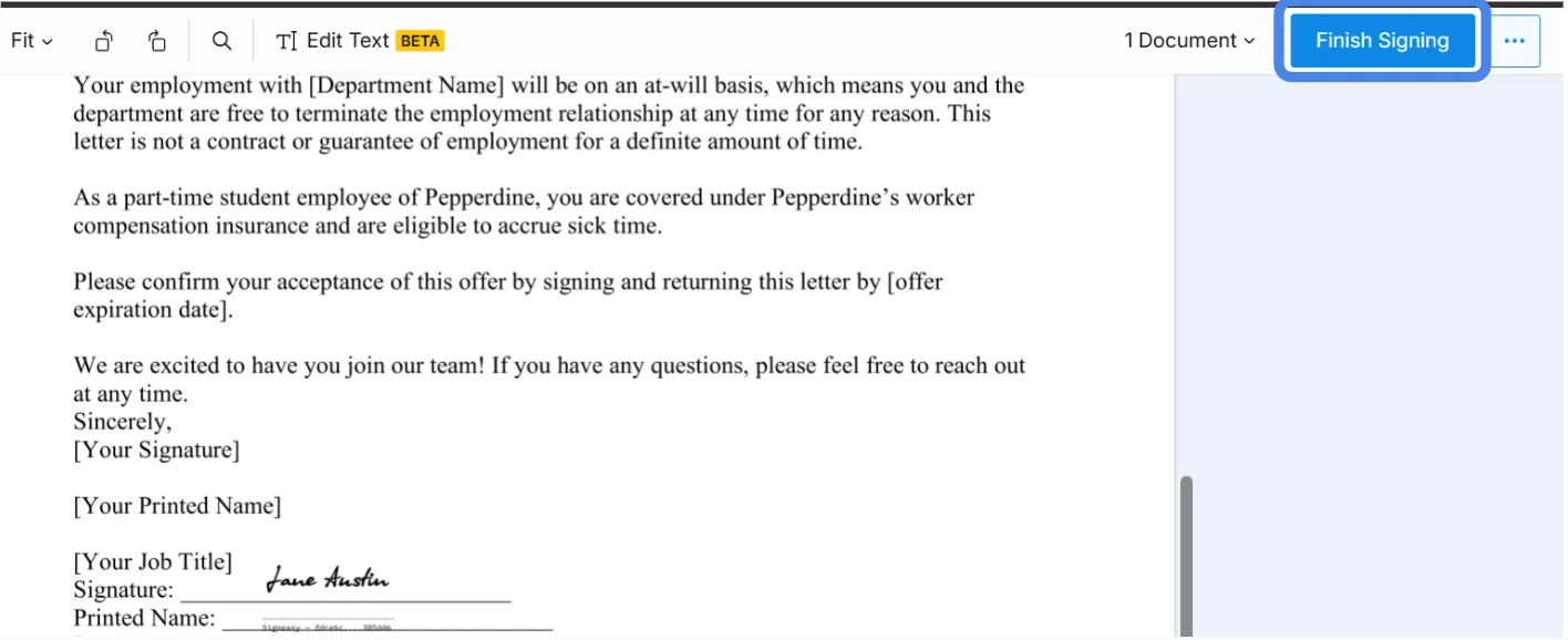 Signed document in Signeasy with “Finish Signing” button highlighted.
