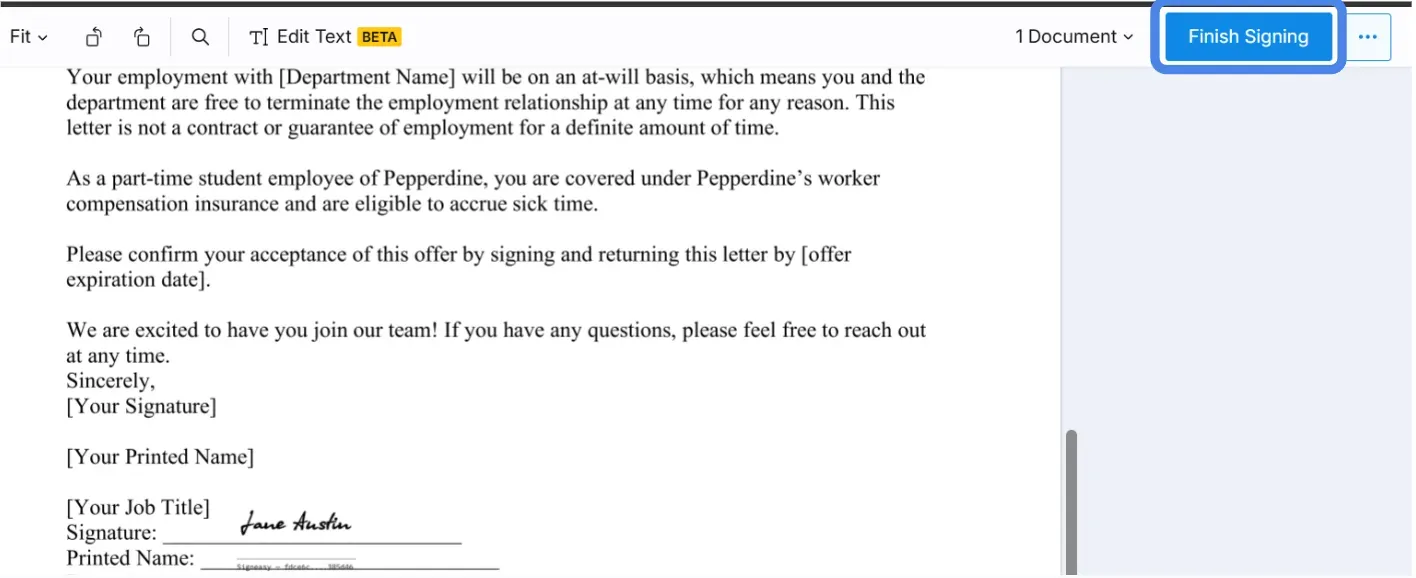 Signed document in Signeasy with “Finish Signing” button highlighted.
