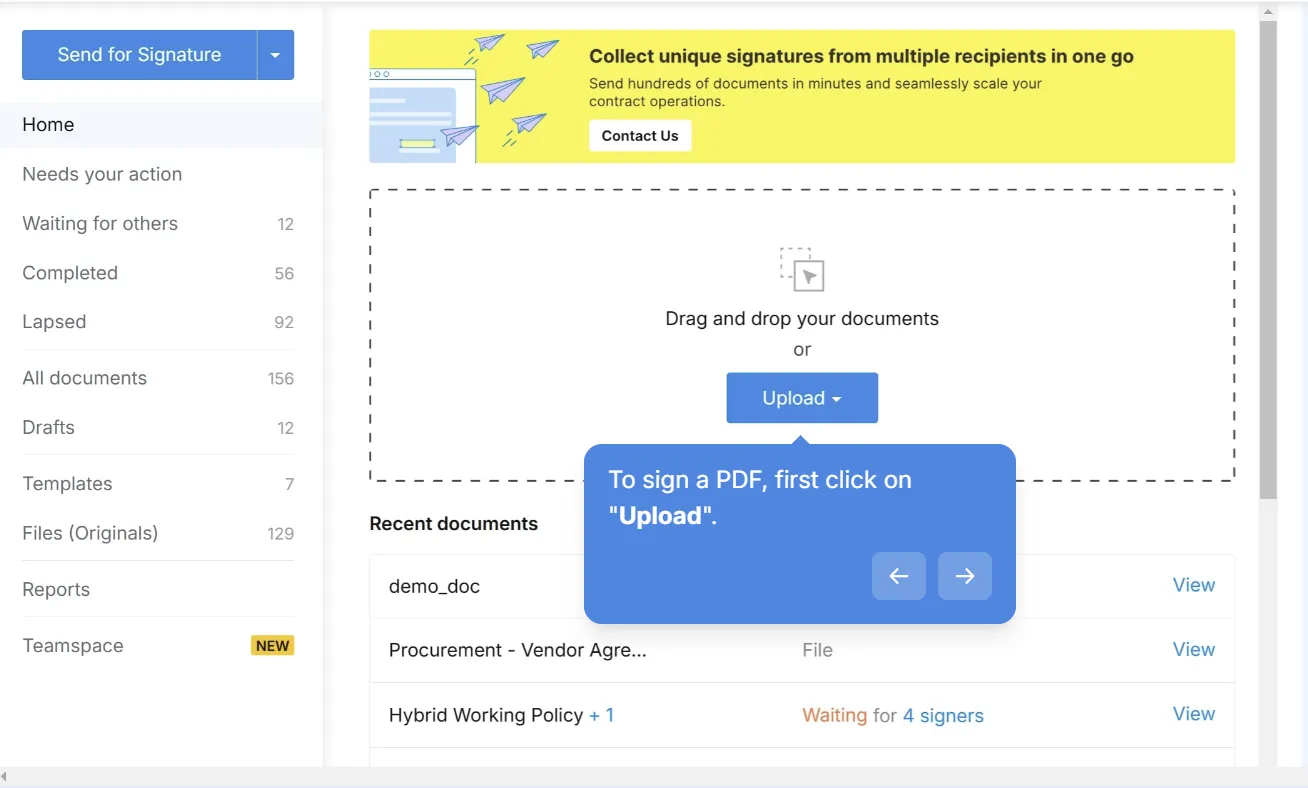 Signeasy interface showing “Upload” option for PDF signing.