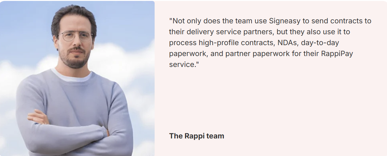 Rappi team member quoting Signeasy’s role in handling contracts.