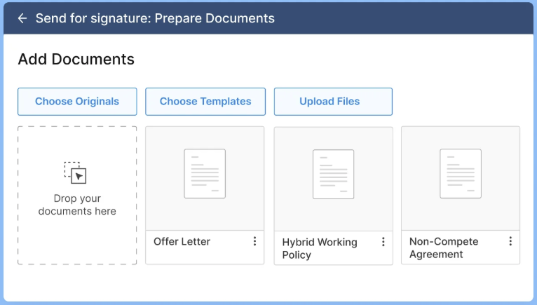 Signeasy interface showing document upload and template options
