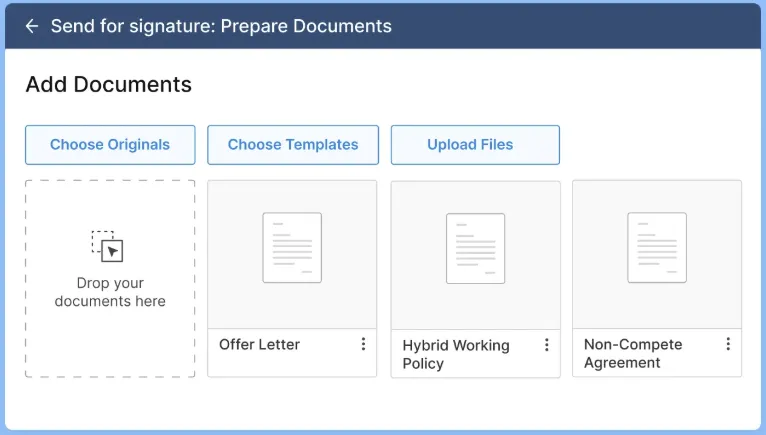 Signeasy interface showing document upload and template options